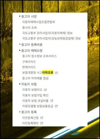 과거 기록 들여다보기 | 중고차매매 화면 속 이력조회 버튼을 선택해 주세요.