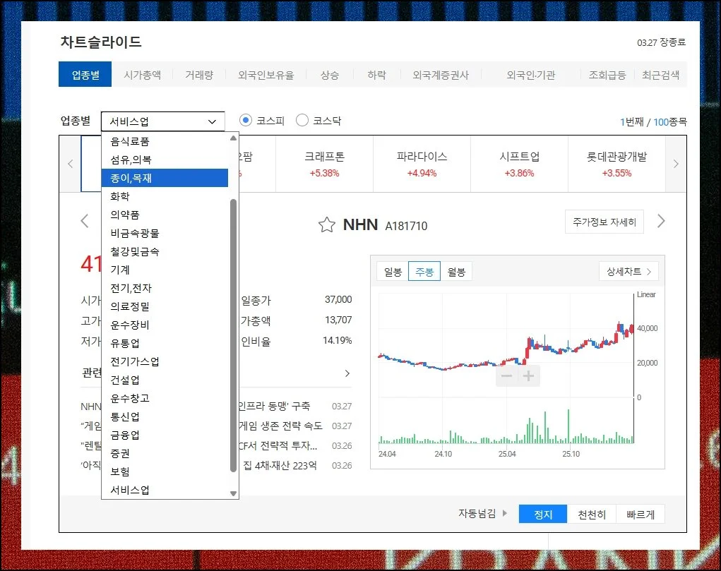 관심 업종만 골라 보는법 | 업종 선택 드롭다운을 펼치면 양대 시장의 산업 분류 전체가 나옵니다.